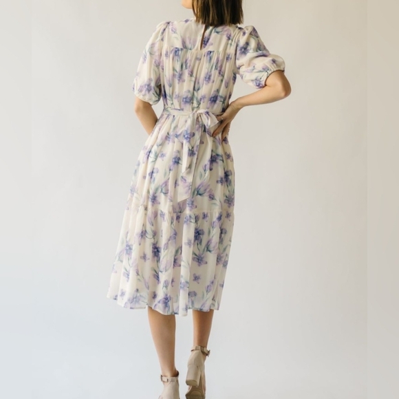 Polagram Women’s Chiffon Floral Watercolor Midi Belted Dress Smocked Bodice S - Picture 12 of 12